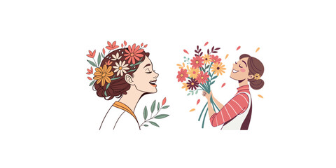 Fototapeta premium Print Vector illustration of happy woman with flowers
