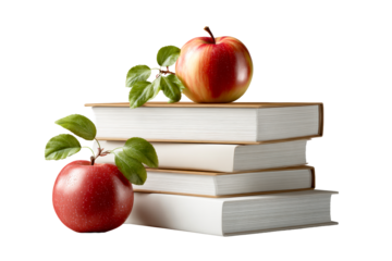 Stack of books with red apples and green leaves