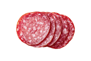 Slices of salami, stacked in overlapping circles, against a transparent background