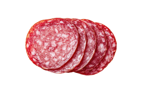 Slices of salami, stacked in overlapping circles, against a transparent background