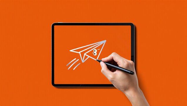 Digital Drawing of Paper Airplane with Stylus on Tablet Expressing Creativity and Innovation on Orange Background