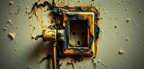 Close-up of charred electrical outlet and wall, showing fire damage,  smoke damage,  home