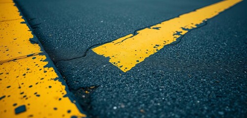 Close-up view of faded yellow road markings on asphalt, asphalt, road