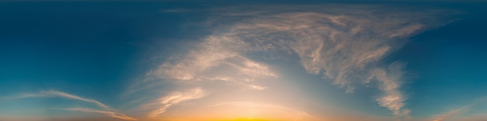 360 panorama of glowing sunset sky with bright Cirrus clouds. HDR 360 seamless spherical panorama. Full zenith or sky dome sky replacement for aerial drone panoramas. Climate and weather change.