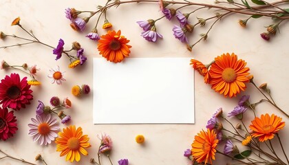 Elegant blank white card mockup nestled amongst dried flowers on a beige marble background ,  copy space,  card