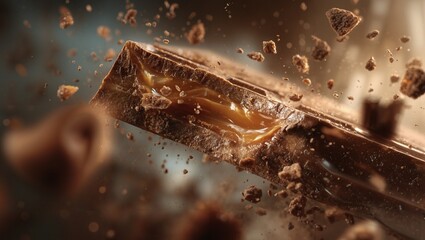 Close-up shot of a broken chocolate bar revealing gooey caramel inside with small chocolate pieces and crumbs flying around in a dynamic motion with a warm background tone