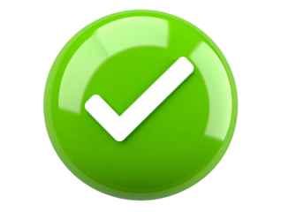 3D Rendered Bright Green Check Mark with Glossy Finish and Soft Shadow Angled Perspective, Isolated on Transparent Background