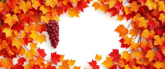 Obraz premium Golden red grape leaves border on white, autumnal fall foliage frame , october, autumn
