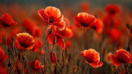 Fototapeta premium Carnation Field. Vibrant Red Poppy Blossoms in Texas Spring Meadow