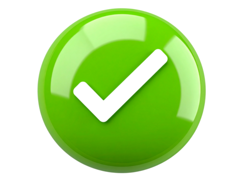3D Rendered Bright Green Check Mark with Glossy Finish and Soft Shadow Angled Perspective, Isolated on Transparent Background