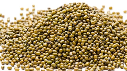 Small green mung beans scattered with gentle randomness, captured with 50mm lens, highlighting smooth surfaces and organic distribution on white background