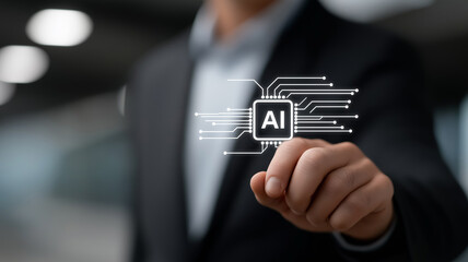 Close-up businessman in dark suit holding glowing holographic AI chatbot interface with futuristic digital connections, corporate digital assistant, artificial intelligence technology, chatbot autom

