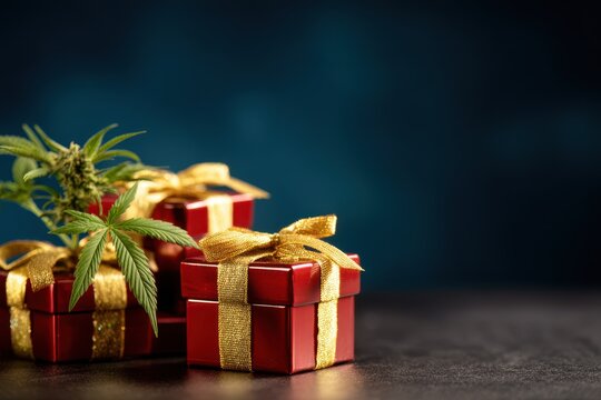 CBD For Anxiety. Red Podium with Gift Boxes and Golden Ribbon. Christmas Background for Cannabis Products - Powered by Adobe