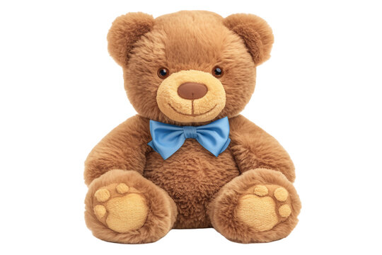 A brown plush teddy bear with a blue bow tie, designed for children, soft and huggable, suitable as a toy or gift.