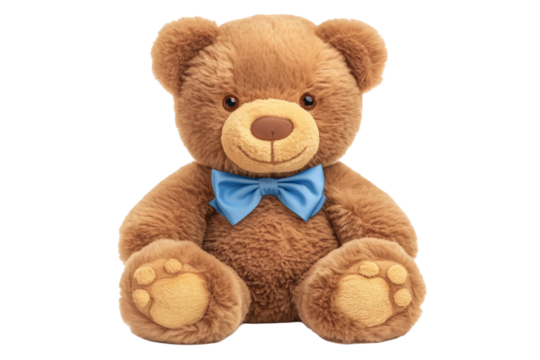 A brown plush teddy bear with a blue bow tie, designed for children, soft and huggable, suitable as a toy or gift.