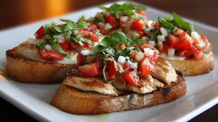 Chicken Bruschetta. Delicious Meal with Grilled Chicken on Toasted Bread