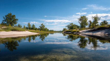 Obraz premium discover tranquil beauty of michigan quiet lakes at midday where reflections shimmer on crystalclear waters