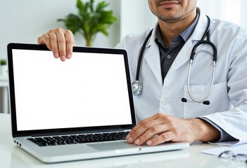 Professional doctor presenting a blank laptop screen for digital healthcare information