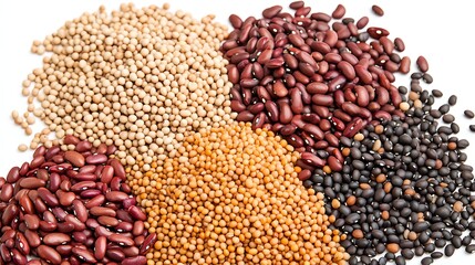 Fototapeta premium Assorted dry beans scattered evenly on white backdrop, captured using 50mm focal length, showcasing contrast between bean types and natural shadows
