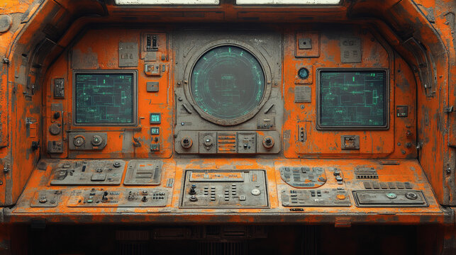 Render a digital command interface surrounded by LED lights and tech hubs