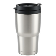 Isolated Stainless Steel Thermo Mug With Black Lid On Transparent Background