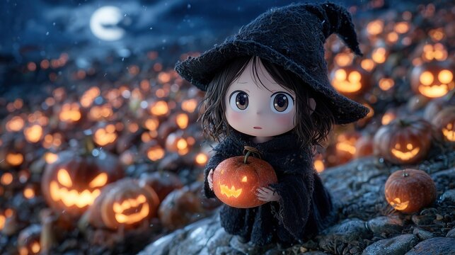 Cute witch girl holding Halloween pumpkin in glowing jack-o-lantern background, 3D chibi cartoon style with bats, super-realistic detail high quality render