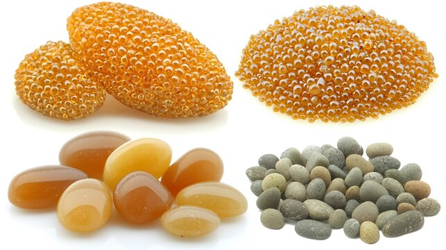 Fototapeta Sandy soil particles combined with small pebbles on clean white background, taken with zoom lens 135mm, highlighting texture complexity and earthy tones