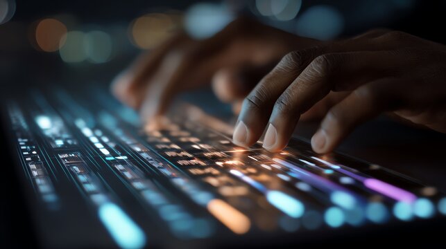 Advanced Technology A closeup of hands typing on a keyboard with augmented data mining visualizations