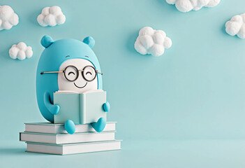 Charming blue character reading on books, a whimsical symbol of joyful learning and imagination.