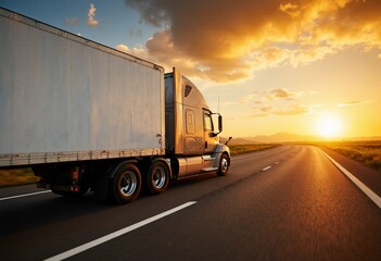 A long-haul semi-truck drives into a vibrant golden sunset on an open highway.