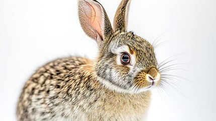 Obraz premium Rabbit looking directly at camera with wide eyes and erect ears, taken with 70-200mm lens, soft studio lighting accentuates fur texture