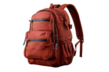 Red backpack with several pockets