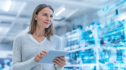 Smile woman swiping on a tablet with holographic fitness tracking data