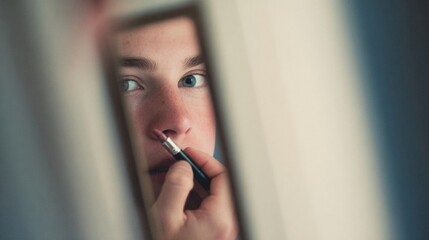 Young Person Applying Makeup in Front of a Mirror During a Bright Morning in a Well-Lit Room