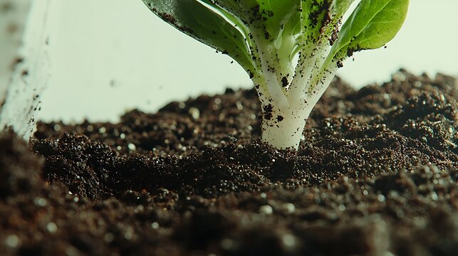 Potting soil with rich organic texture on white background captured with macro zoom lens 135mm, detailed view of moist crumbly soil ideal for gardening