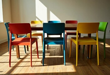 Vibrant colorful chairs around a wooden table in a sunlit room – modern interior design.