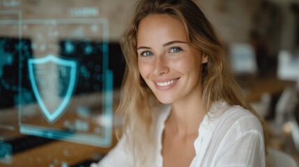Smile woman typing with augmented cybersecurity vulnerability scan overlays