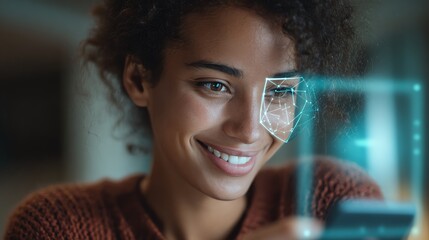 Smile woman using a smartphone with glowing identity verification overlays