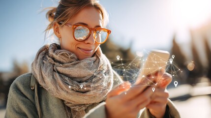 Smile woman using a smartphone with virtual reality travel planning tools