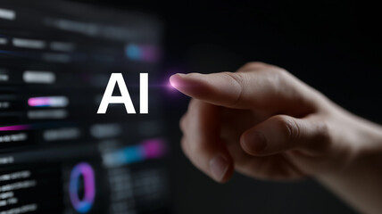 Electric blue and violet artificial intelligence hologram in human hand with high-tech UI elements and code, artificial intelligence concept, futuristic hologram, glowing digital lettering, neural 

