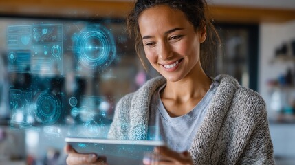 Smile woman using a tablet with holographic telemedicine consultation screens