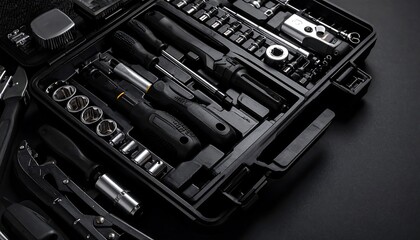 Fototapeta premium Tools in black case on dark surface