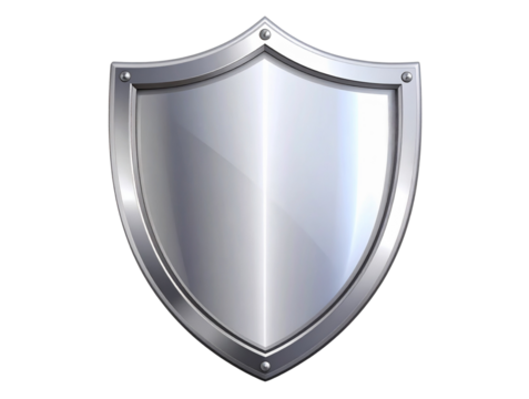  Minimalist Chrome Shield Symbol with Mirror-Like Finish and Light Reflection, Top-Down View Isolated on Transparent Background.jpg