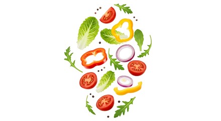 Fresh Vegetables for Salad Flying Against White Background.