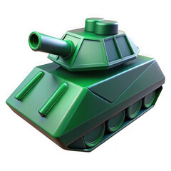 Green toy tank with metallic sheen military vehicle isolated on a transparent background