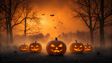 Spooky halloween night with glowing carved pumpkins and silhouetted trees against an orange misty sky with flying bats