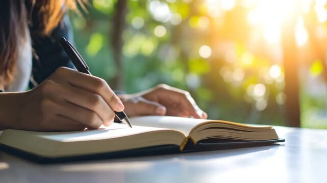 Hands writing in notebook