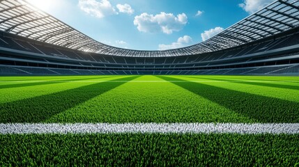 Modern stadium with vibrant green turf and clear blue sky