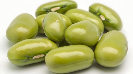 Mung beans scattered with slight randomness on white background, shot with mirrorless camera, 50mm lens, close-up detail on small green mung beans with natural scattering