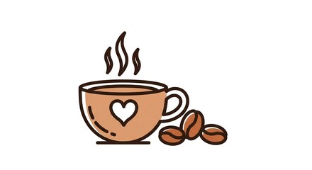 Obraz premium Steaming Coffee Cup with Heart and Beans